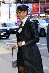 Liza Koshy in a Leather Coat and Pump Shoes at the GMA Show in New York 02/16/2024