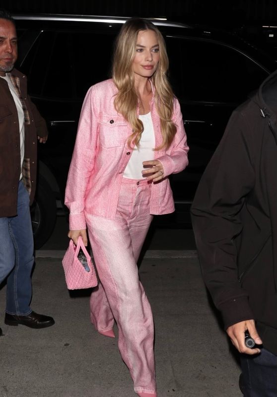 Margot Robbie in All Pink Ensemble at "Barbie" Screening at the Writers Guild in Beverly Hills 02/13/2024