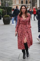 Myleene Klass Wearing a Print Dress and Leather Boots in London 02/03/2024
