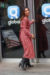 Myleene Klass Wearing a Print Dress and Leather Boots in London 02/03/2024