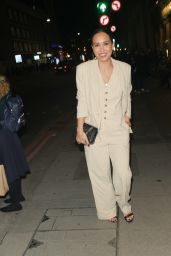 Myleene Klass Wearing a Tailored Cream Pinstripe Suit and Waistcoat in London 02/20/2024