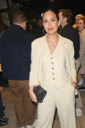 Myleene Klass Wearing a Tailored Cream Pinstripe Suit and Waistcoat in London 02/20/2024