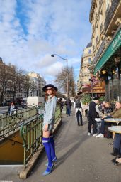 Blanca Blanco in a Denim Zara Dress, Fendi Heels and a Purple Hat in Paris 03/04/2024