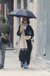 Eiza Gonzalez in a Trench Coat, Jeans and a Prada Scarf in New York 03/27/2027