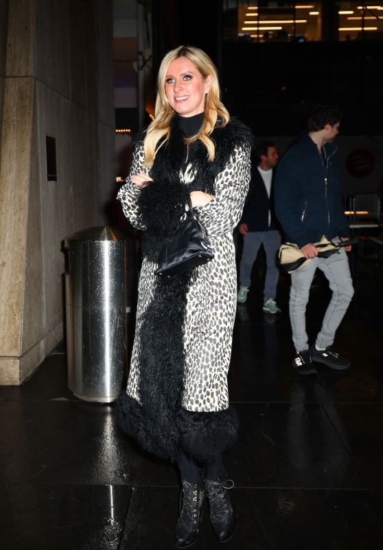 Nicky Hilton in a Black Fur-trimmed Animal Print Coat and Boots at SNL After-party in New York 03/03/2024