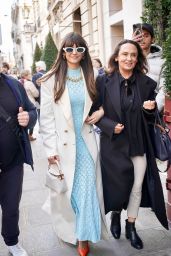 Nina Dobrev in a Long Blue Dress and a White Coat in Paris During PFW 03/04/2024