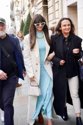 Nina Dobrev in a Long Blue Dress and a White Coat in Paris During PFW 03/04/2024