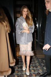 Rosie Huntington-Whiteley in a Pale Pink Jewel-encrusted Dress With Fringe Trim Paired With White Heels at Costes Restaurant in Paris 03/03/2024