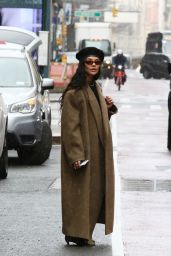 Tessa Thompson in a Black Beret and Long Coat in NYC 03/20/2024