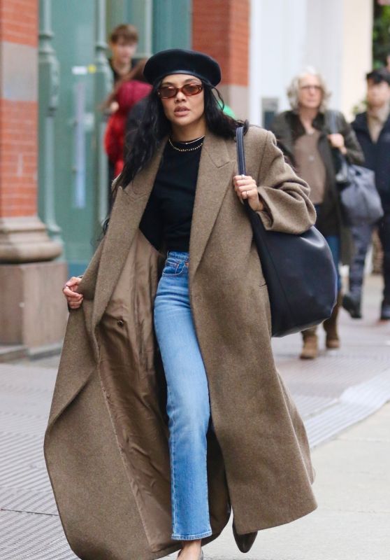 Tessa Thompson in a Black Beret and Long Coat in NYC 03/20/2024