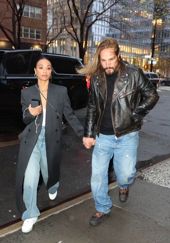 Zoe Saldana and Marco Perego Arriving at Their Hotel in New York 03/28/2024