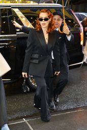 Billie Piper in a Black Pantsuit Arrives at CBS Mornings in New York 04/02/2024