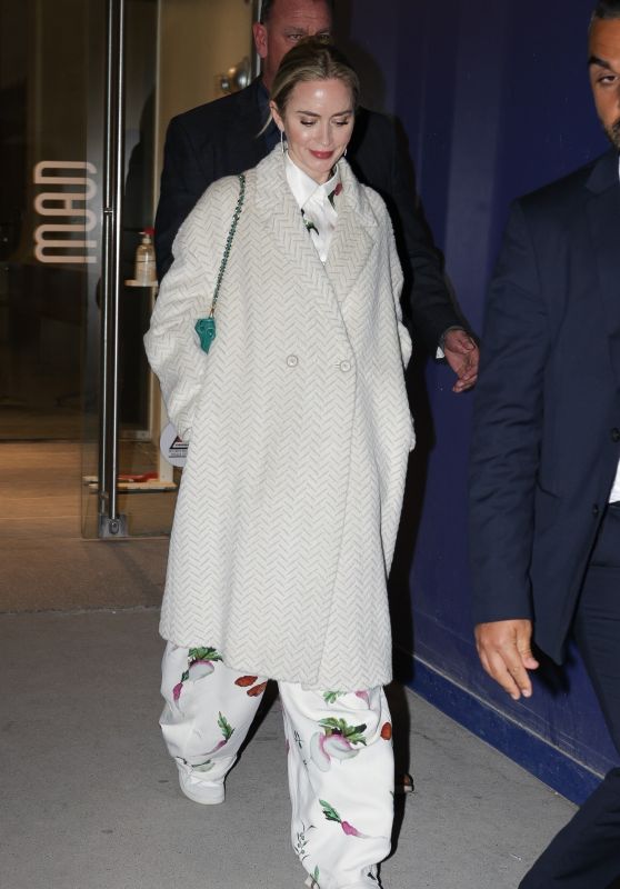 Emily Blunt in a Floral Print Ensemble Under Her Coat at Loulou in Paris 04-23-2024