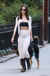Emily Ratajkowski in a Sheer White Pencil Skirt, Crop Top and Short-waisted Jacket With Black Knee-length Noots in NYC 04-09-2024