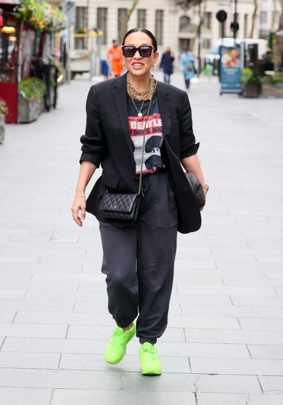Myleene Klass Wearing Neon Green Trainers and Bling Chains in London 04/02/2024