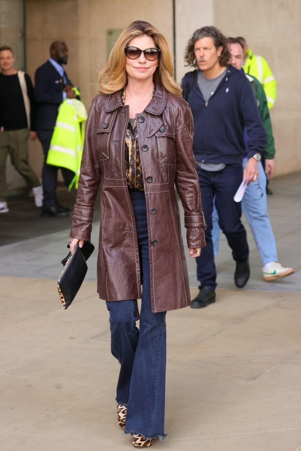 Shania Twain Wearing a Brown Leather Coat and Flares at the BBC Studios ...