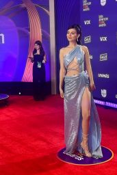 Victoria Justice in Bue Plunge Dress 04-26-2024