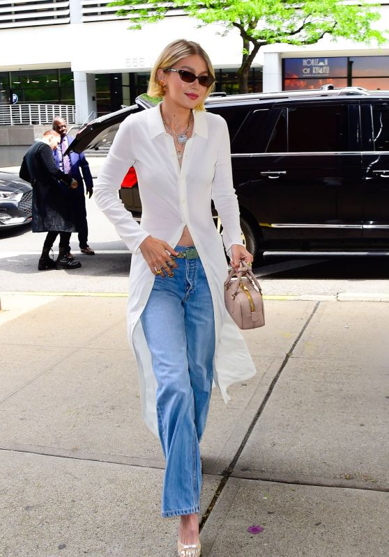 Gigi Hadid Wearing a Dress Over Jeans in New York City 05-08-2024