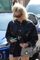 Pixie Lott Wearing Leather Jacket and Designer Aspinal Handbag - London 05-09-2024