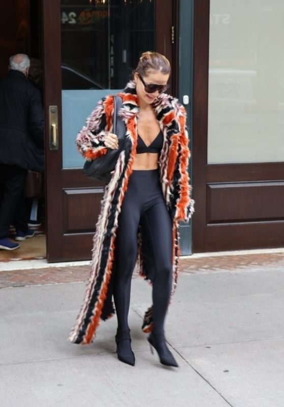 Rita Ora in a Fur Striped Long Coat in New York 05-06-2024