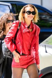 Rita Ora Rocks Vibrant Red Faux Leather Ensemble in NYC 05/03/2024