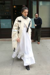 Rosalia in a White Maxi Dress and Belted Jacket in New York 04-30-2024