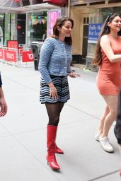 Selena Gomez in a Blue Pattern Dress and Red Go Go Boots - "Only Murders in the Building" Set in New York 05-29-2024
