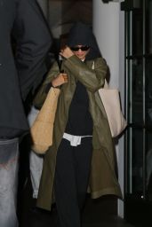 Zendaya in a Green Olive Leather Coat and a LV Beige Bag in New York 05-07-2024