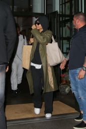 Zendaya in a Green Olive Leather Coat and a LV Beige Bag in New York 05-07-2024