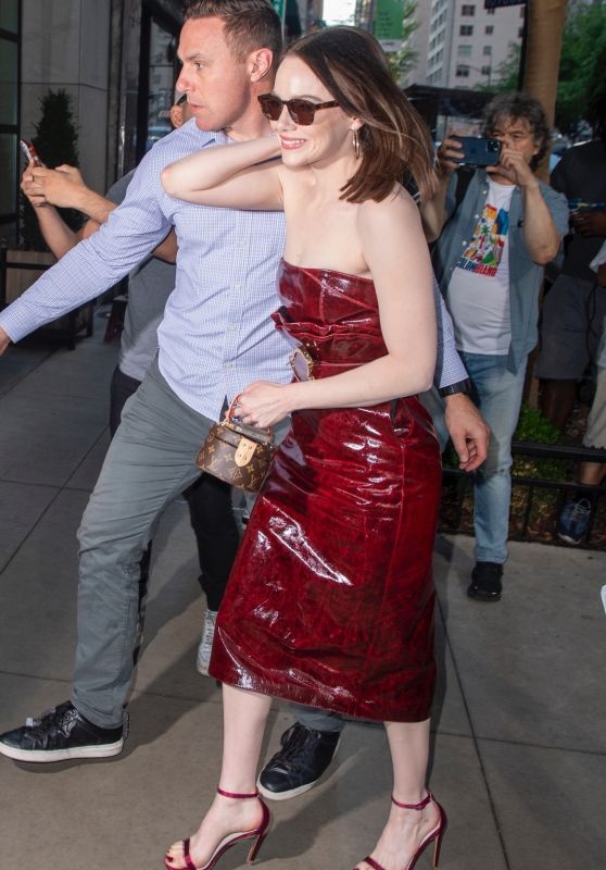 Emma Stone Rocks a Cherry Red Leather Dress in New York 06-21-2024