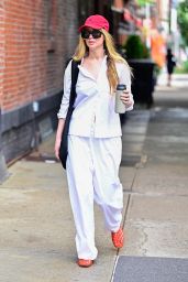 Jennifer Lawrence Rrunning Errands in All-white and Red Mesh Shoes Matching Her Cap in New York 06-26-2024