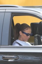 Jennifer Lopez in a Plaid Blazer and Wide Jeans Arriving to Her Office 06-05-2024