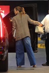 Jennifer Lopez in a Plaid Blazer and Wide Jeans Arriving to Her Office 06-05-2024