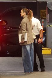 Jennifer Lopez in a Plaid Blazer and Wide Jeans Arriving to Her Office 06-05-2024