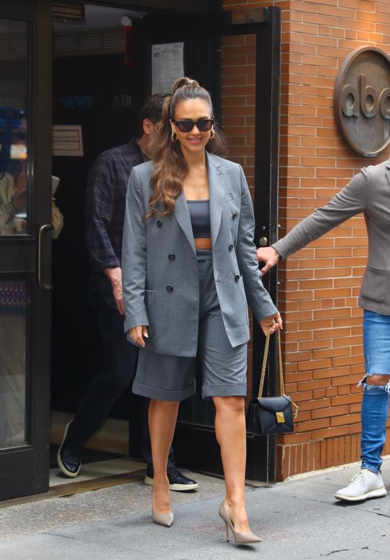 Jessica Alba in a Grey Shorts Suit in New York 06-06-2024