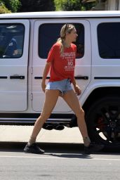 Jessica Hart in Denim Shorts and Red T-shirt in Los Angeles 06-19-2024
