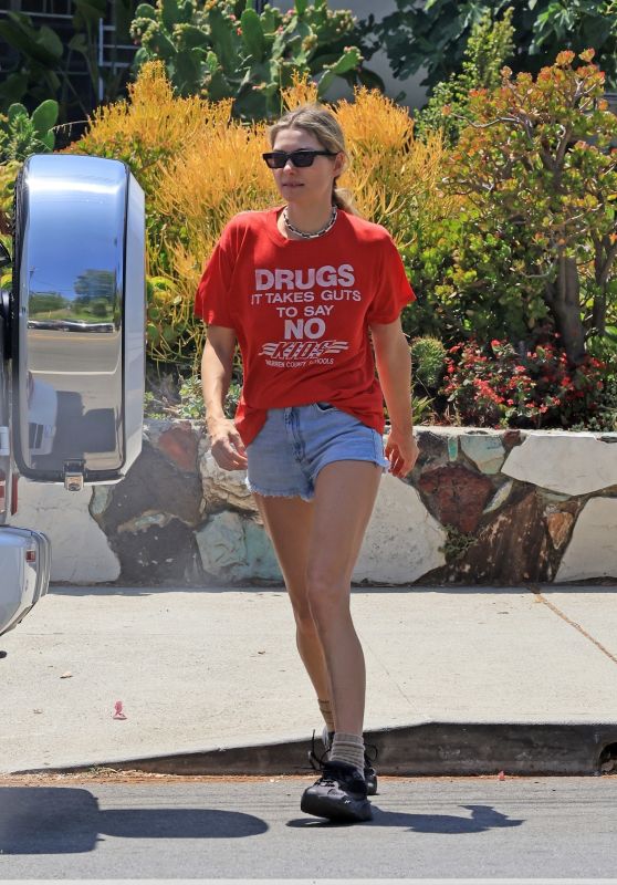 Jessica Hart in Denim Shorts and Red T-shirt in Los Angeles 06-19-2024