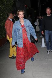 Kate Walsh Wears a Red Floral Dress and a Denim Jacket in Santa Monica 06-13-2024