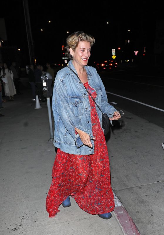 Kate Walsh Wears a Red Floral Dress and a Denim Jacket in Santa Monica 06-13-2024