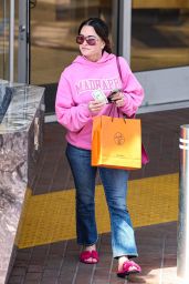 Kyle Richards in a Bright Pink Hoodie and Matching Purse and Slippers Shopping at Neiman Marcus in Beverly Hills 06-13-2024