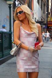 Paris Hilton in a Sequin Damier Print Dress While Promoting the New Motorola Razr in New York 06-25-2024
