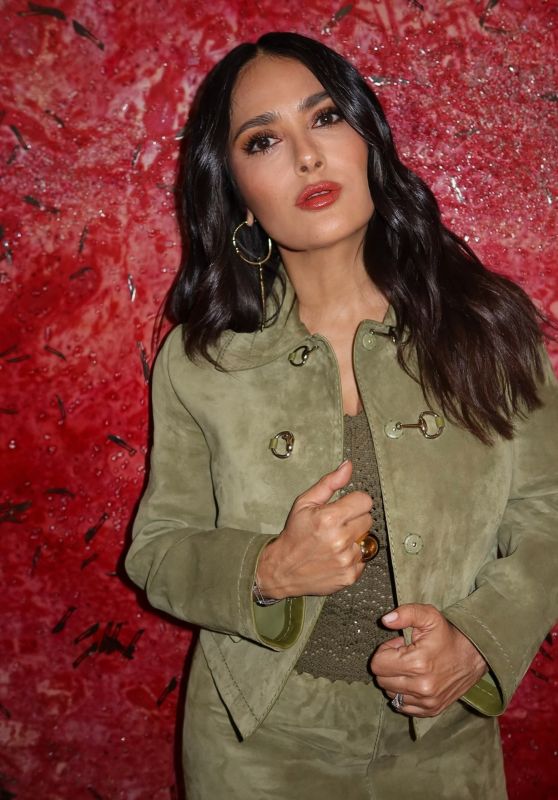 Salma Hayek Stuns in Green Suede at Star-Studded Gucci Dinner in London