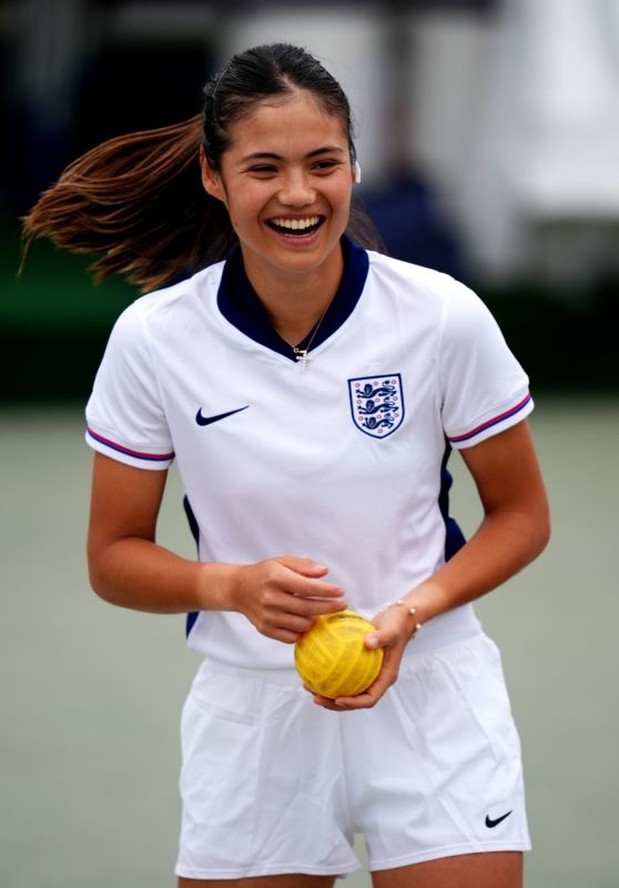 Emma Raducanu Wears England Jersey During a Practice Session for Wimbledon 2024