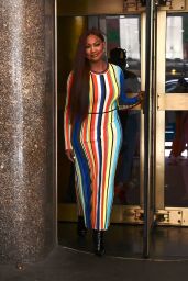 Garcelle Beauvais in a Colorful Form-fitting Dress Outside New York Live Studios 08-13-2024
