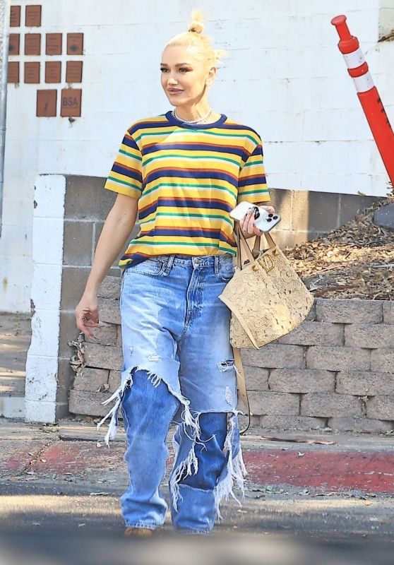 Gwen Stefani Masters Casual-Cool in Double Denim at Family Football Game