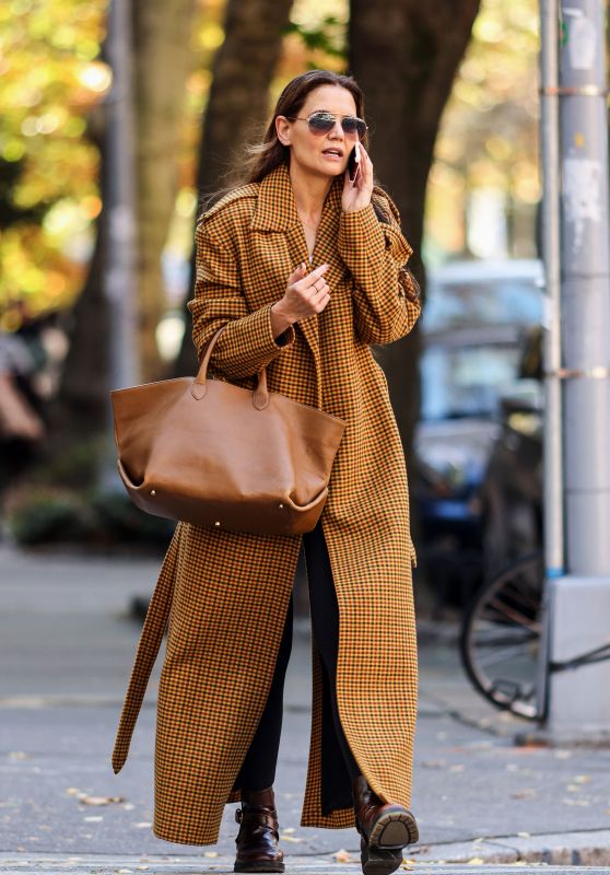 Katie Holmes Masters Effortless Fall Fashion with Statement Gingham Trench Coat