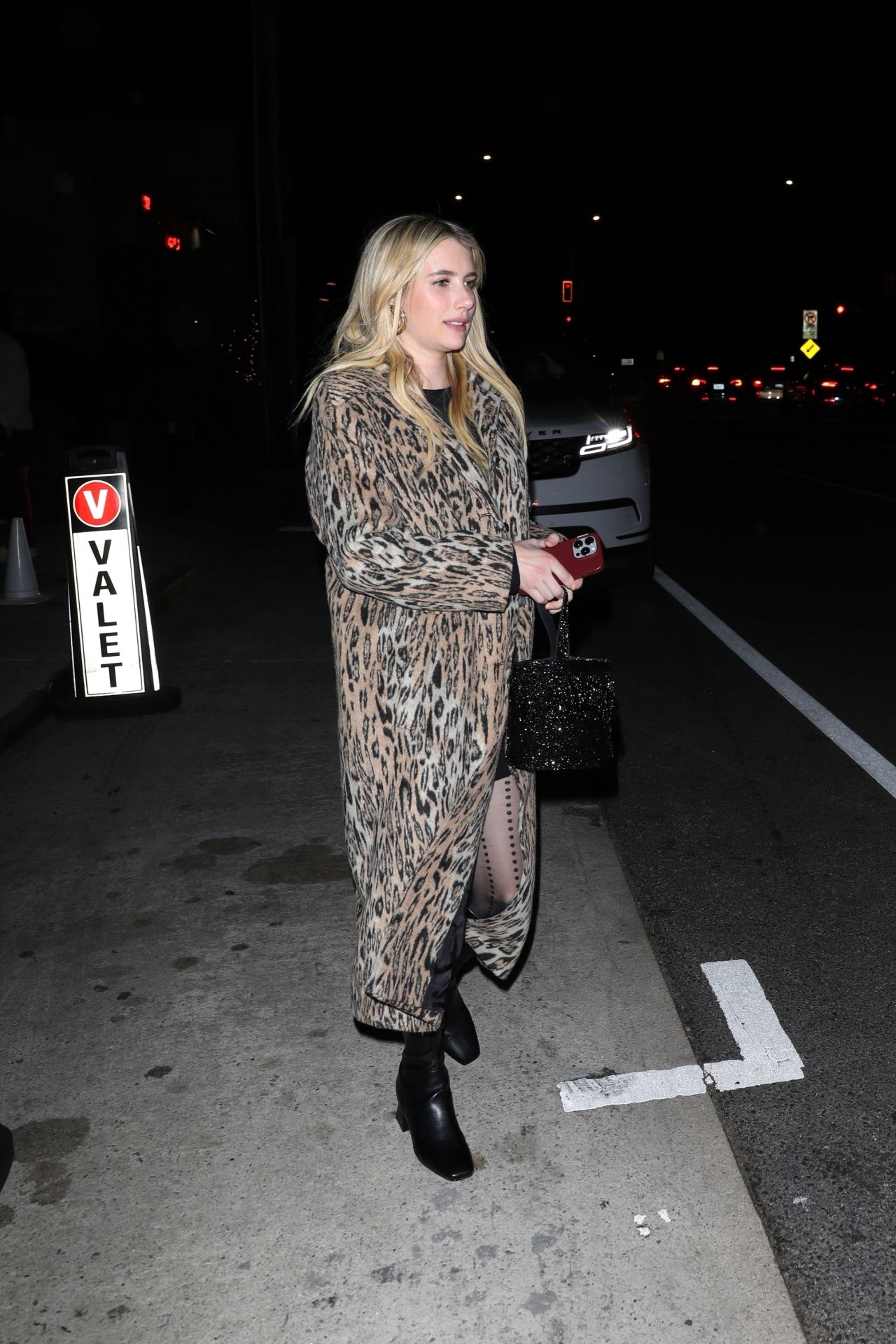 Emma Roberts Turns Heads in Leopard Print Coat Leaving Baldi