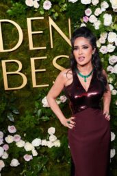 Salma Hayek Stuns in 300-Carat Emeralds Embraces Natural Gray Hair at Golden Globes