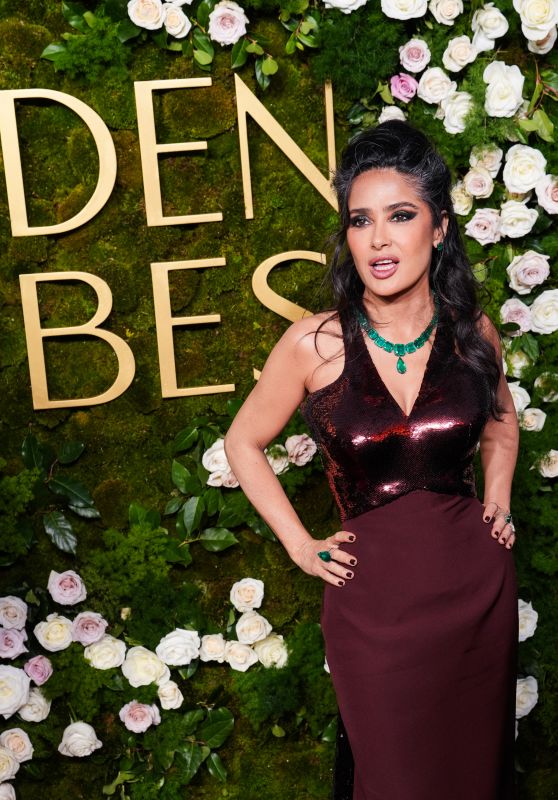 Salma Hayek Stuns in 300-Carat Emeralds, Embraces Natural Gray Hair at Golden Globes