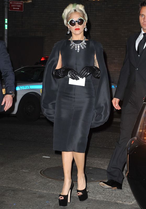 Lady Gaga Channels Audrey Hepburn in Chic Black Satin  